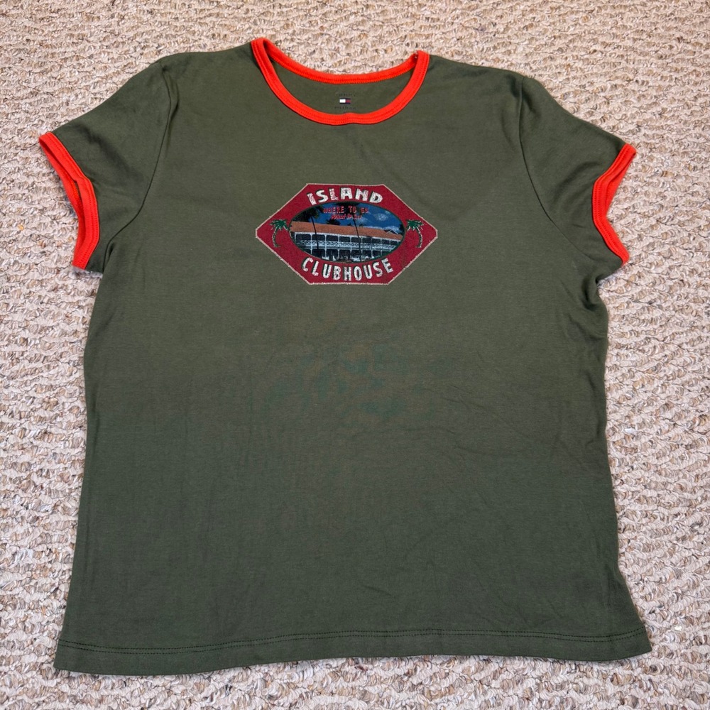 Tommy Hilfiger Island Clubhouse Ringer Tee Olive Green Orange XL Graphic Shirt